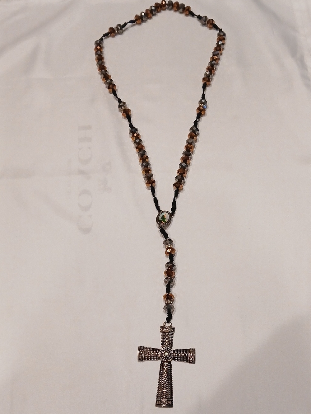 Brown Beaded Cross Necklace with Embellished Pendant